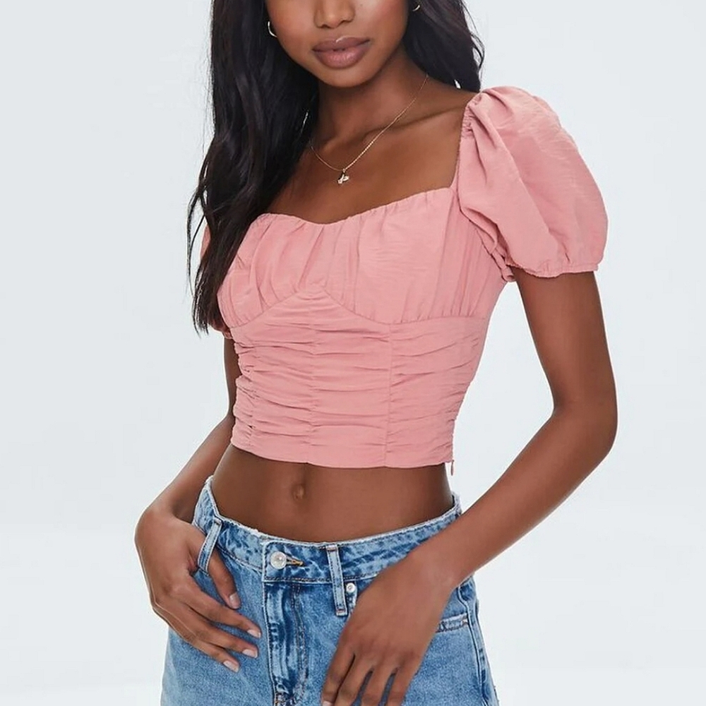 New! Sweetheart Puff Sleeve Ruched Crop Top